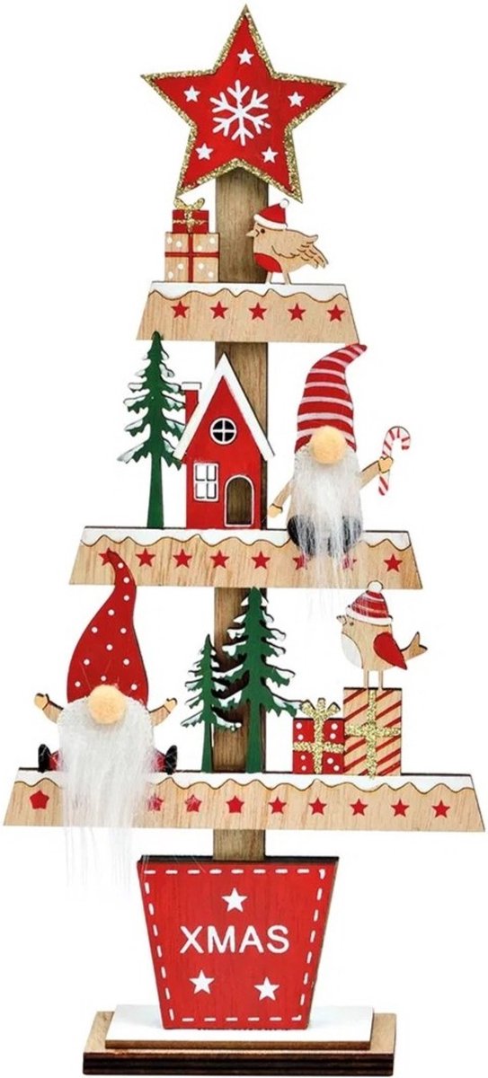 Kerstboom van hout 28 cm kerstsfeer met oa kerstdwergen