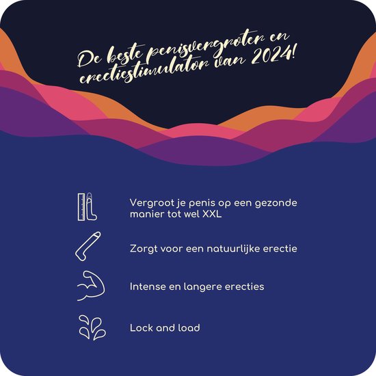 Tekst: De beste penispompen en erectiestimulator van 2024! Iconen tonen: meting, erectie, spier, Lock and load.