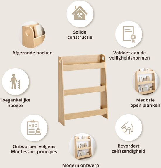 Petite Amélie Houten Boekenrek kind - Kinderboekenkast met Drie Schappen - Montessori boekenkast voor kinderkamer - Naturel