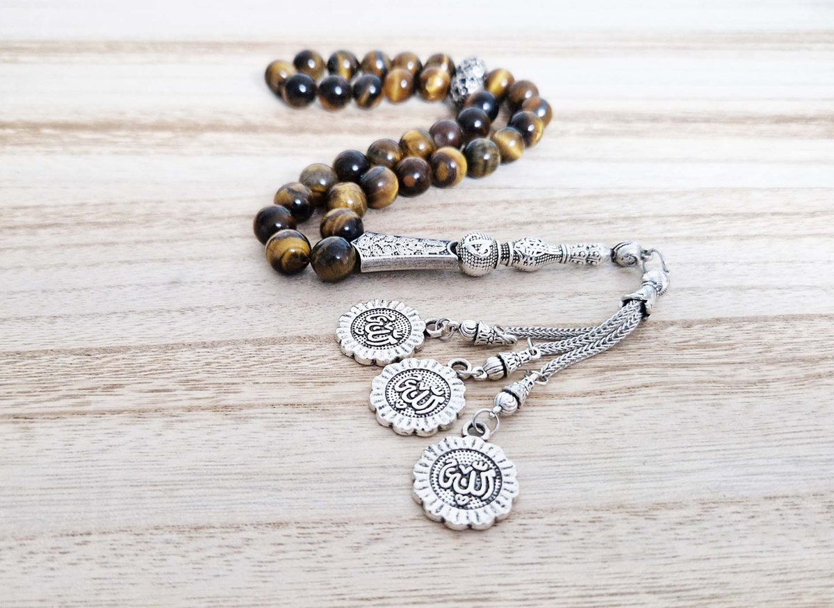 Handgemaakte tesbih "tasbih" natuursteen "Tijgeroog" - Aantal kralen 33 - Diameter kralen 10 MM - met metaal tassel "model 12" - Een mooi cadeau-idee