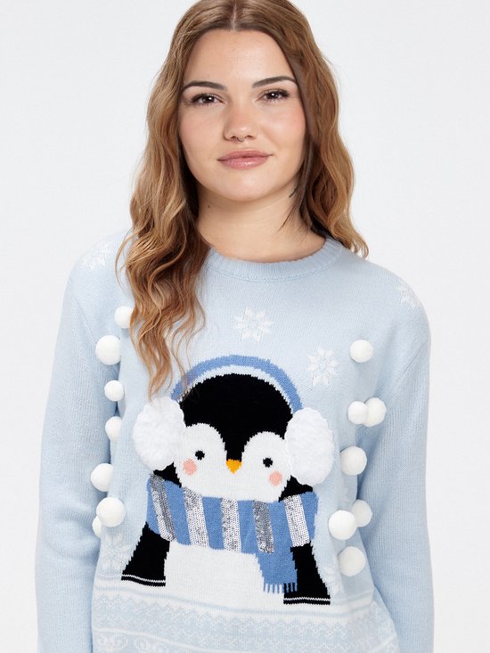 Close-up van een lichtblauwe gebreide trui met een schattige pinguïn-opdruk, oorwarmers, gestreepte sjaal en witte pompons.