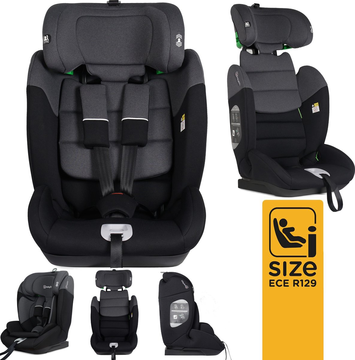 BabyGO Lumo i-Size autostoel - voor kinderen van 76-150 cm - Groep 1-2-3 (9-36kg) - Autogordel bevestiging - Grijs