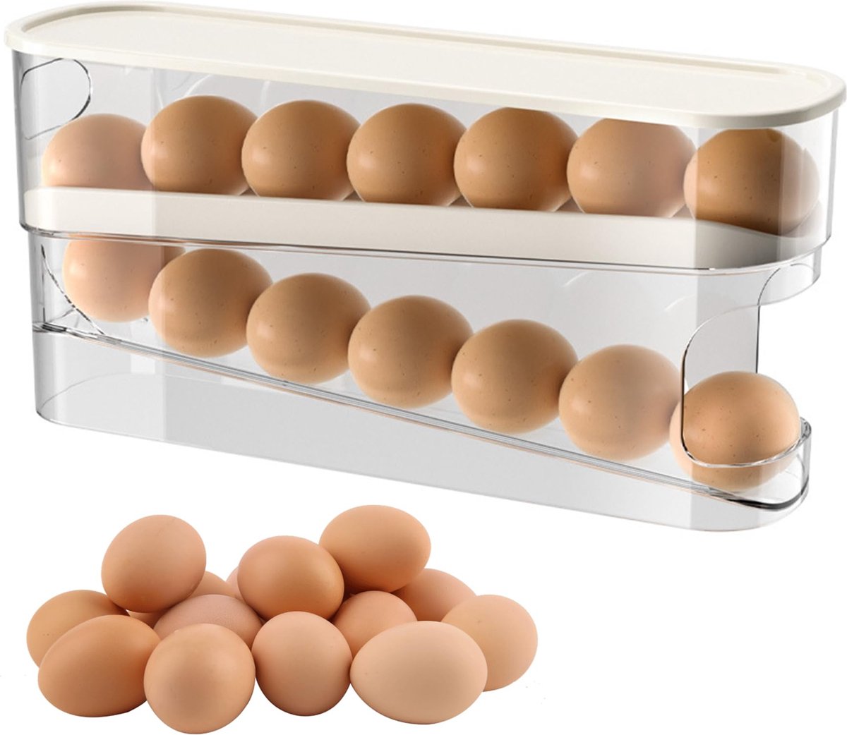 Goodivery ® Eierorganizer met Automatische Rolfunctie voor Koelkastopslag op Twee Etages
