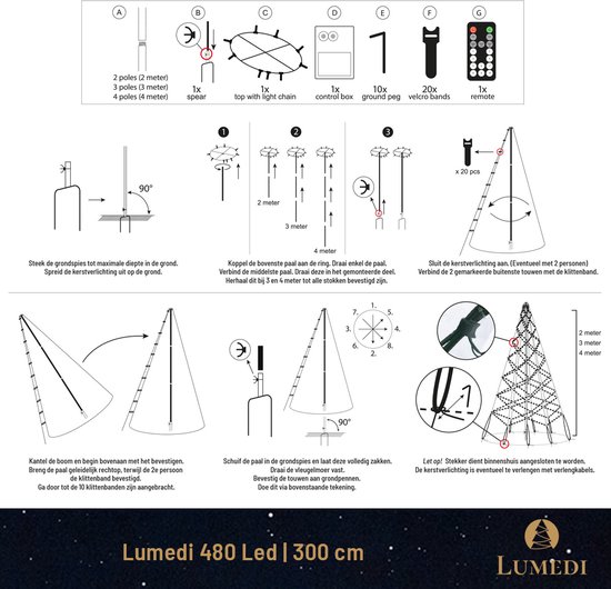 Instructies voor het monteren van de Lumedi 3 meter hoge LED kerstboom met afstandsbediening.