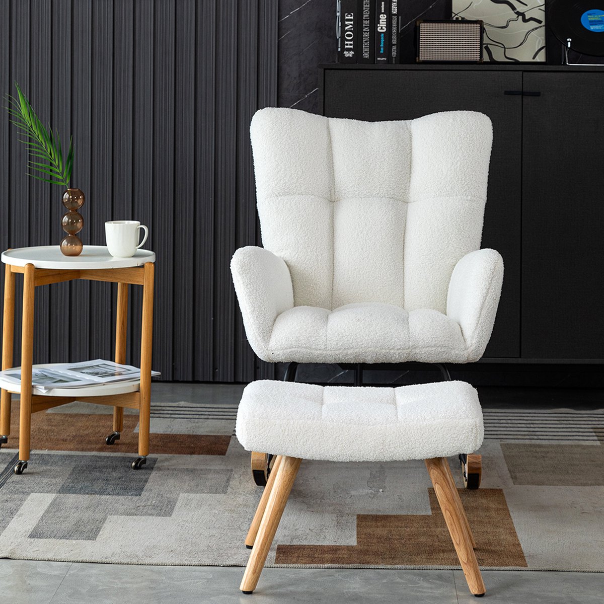 KOMHTOM Fauteuil schommelstoel volwassen voetensteun inbegrepen stabiel rubberwood Teddy fluweel wit