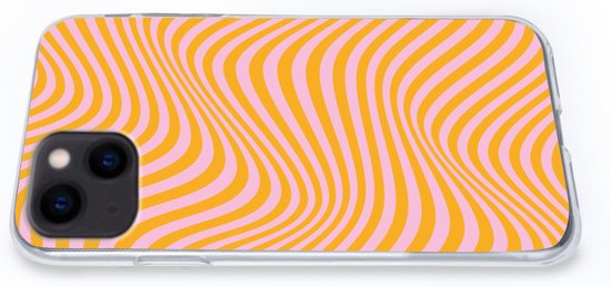 Coque pour iPhone 13 mini à motif de lignes ondulées orange et rose, posée sur un fond blanc.