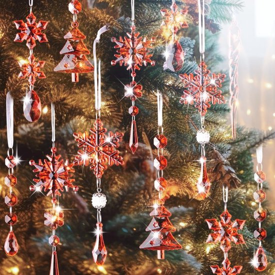 26 pièces décorations de Noël en cristal acrylique pour arbre de Noël, flocons de neige, glaçons à suspendre, décoration de fête pour extérieur et intérieur, rouge