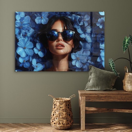 MuchoWow® Peinture sur verre 120x80 cm - Peinture sur verre acrylique - Femme - Blauw - Fleurs - Papillons - Nature - Photo sur verre - Décoration murale salon - Décoration murale chambre - Peintures