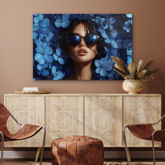 MuchoWow® Peinture sur verre 120x80 cm - Peinture sur verre acrylique - Femme - Blauw - Fleurs - Papillons - Nature - Photo sur verre - Décoration murale salon - Décoration murale chambre - Peintures