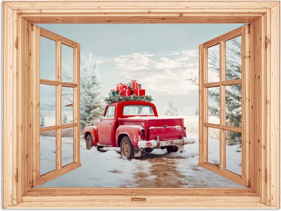 Poster 40x30 cm - Doorkijk - Auto - Kerst - Cadeaus - Winter - Landschap - Posters - Kamer decoratie - Wanddecoratie woonkamer - Muurdecoratie slaapkamer - Kerstversiering - Kerstdecoratie voor binnen - Kerstmis