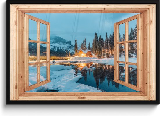 Affiche sous cadre - Cadre photo 90x60 cm - Posters - Paysage d'hiver - Nature - Maison - Montagnes - Vue - Fenêtre - Cadre affiche noir - Décoration - Décoration murale salon - Décoration murale chambre