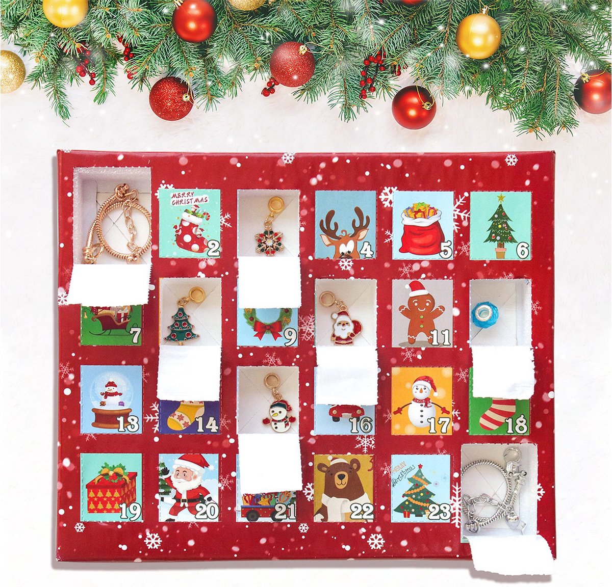 Kerstmis Advent Kalender met Armbanden en Bedels – DIY Sieraden Set – 2 Armbanden en 22 Bedels – vrouw - meisje - Inclusief Kerstfiguren zoals Sneeuwpop, Kerstman en Kerstboom – Kerst - Cadeau en Verrassingset