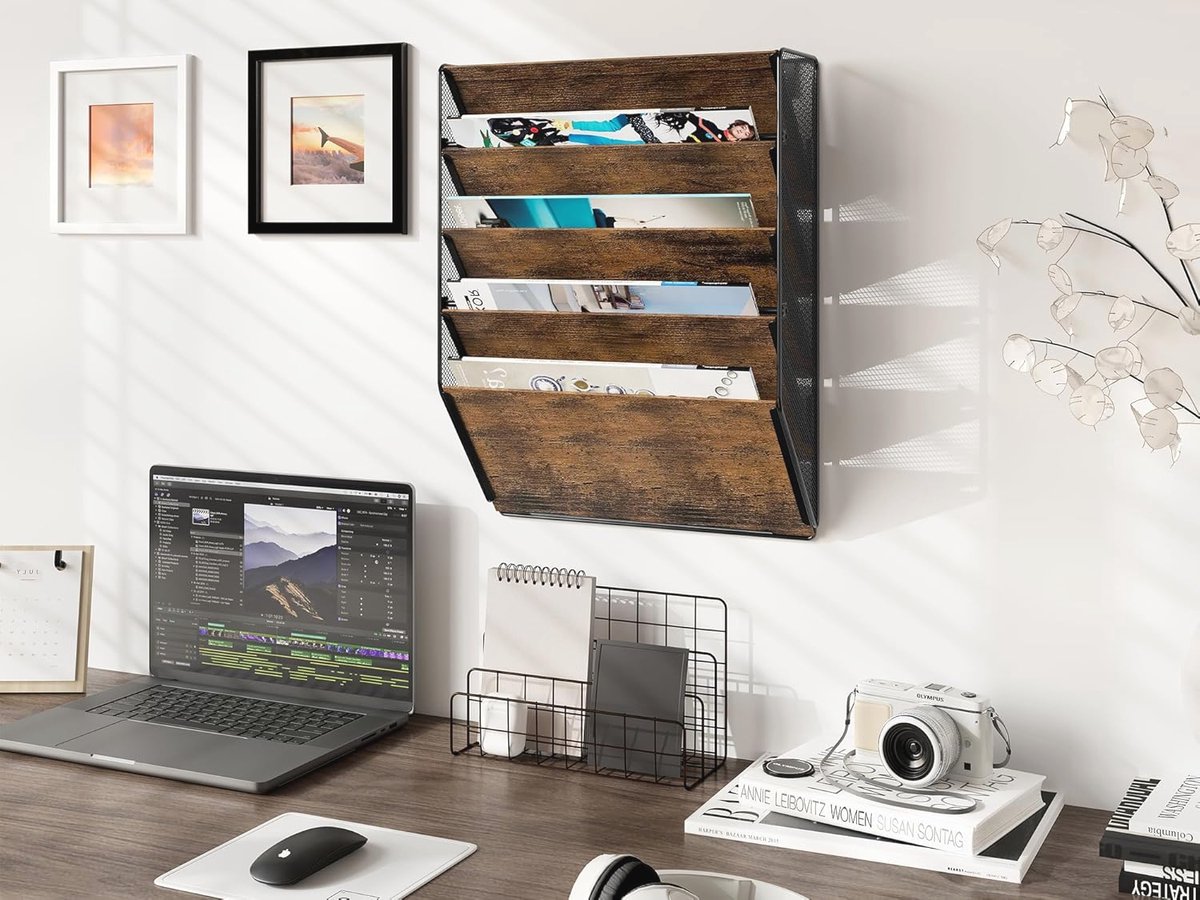 PAG 6 Tier Muur Opknoping Bestandshouder, Metalen Houten Tijdschrift Rack A4 Papier Organiser, Wandgemonteerde Document Opslag Organizer Voor Kantoor Thuis School, Bruin