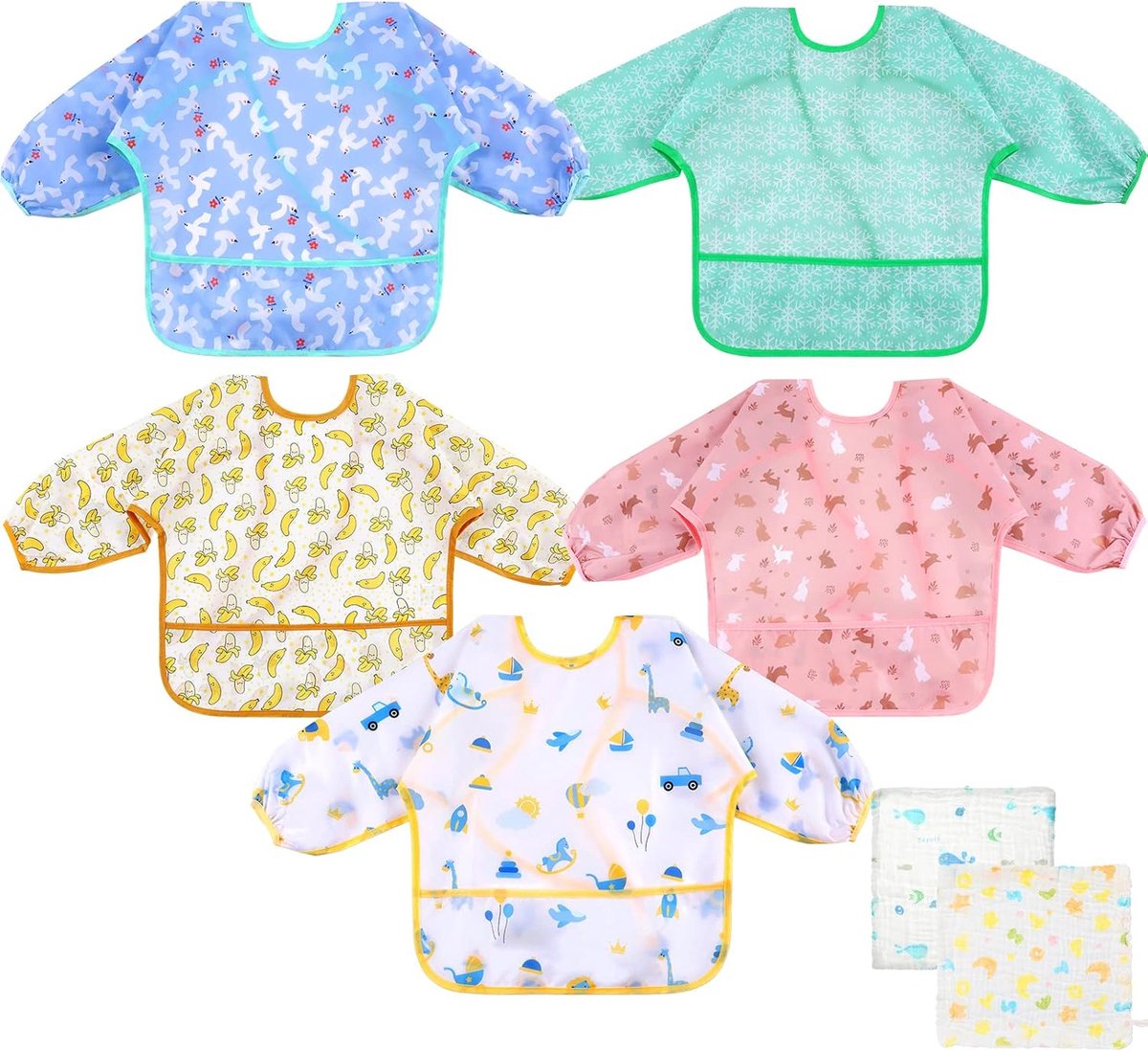 Goedkoopste Slabbetje voor baby's, slabbetjes met opvangbak voor 0 tot 24 maanden, babyslabbetjes met mouwen, 5 stuks slabbetjes, afwasbaar, om te spelen en te beschilderen