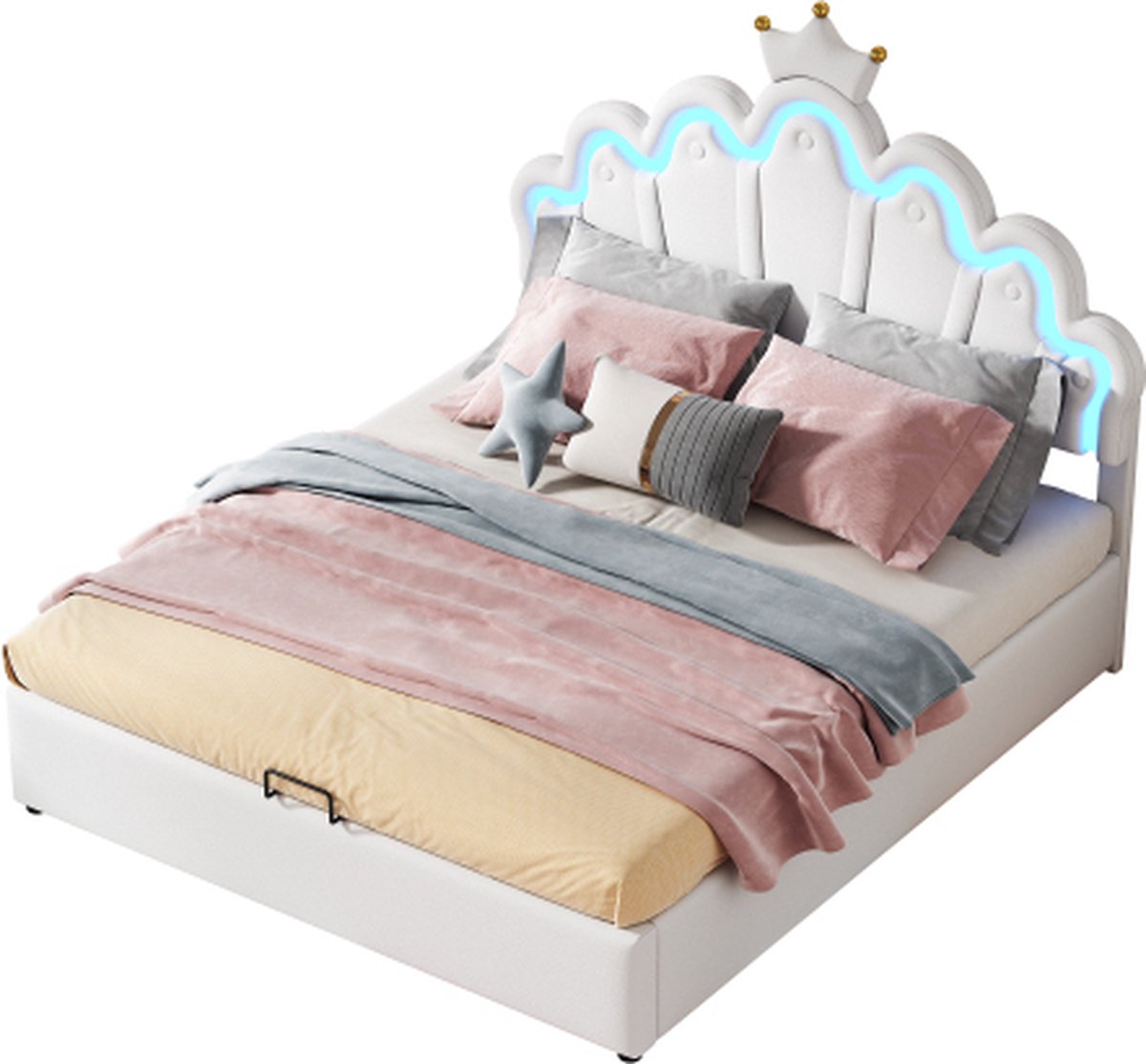 vidaXL 140*200cm plat bed, gestoffeerd bed, prinsessenbed, verstelbare sfeerverlichting, kroonlijst, wit