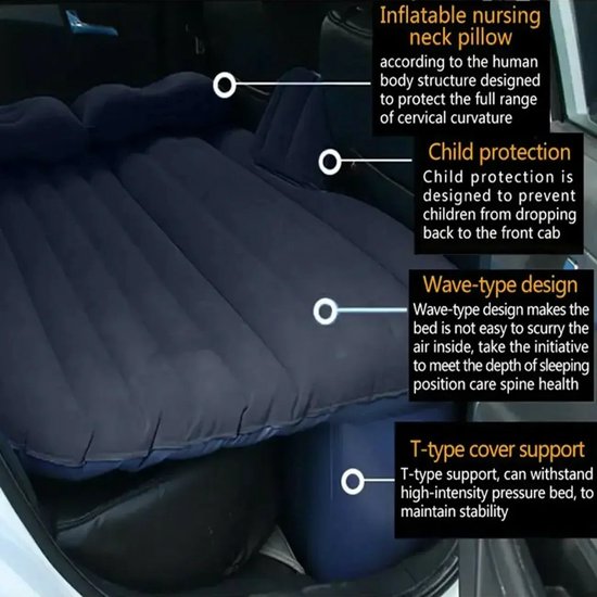Mercadome® Autobed - Luchtbed - Auto luchtbed - Opblaasbaar - Reizen - Kamperen - Inclusief elektrische pomp - Inclusief draagtas - Zwart - 130x174x45cm van Mercadome — afbeelding 2
