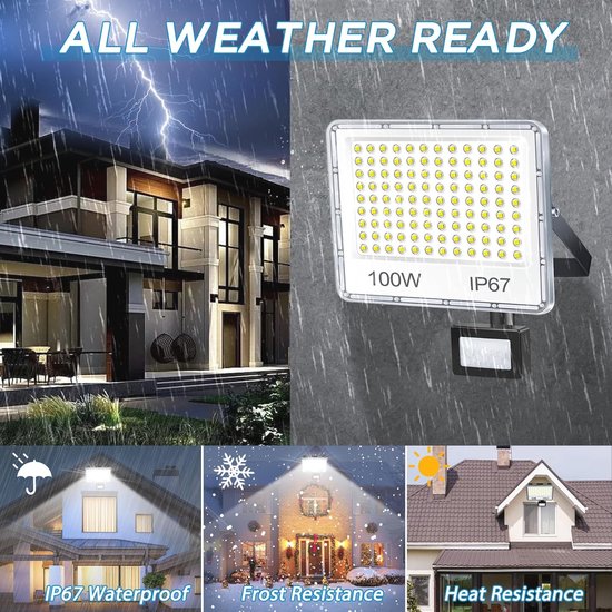 Led-spot met bewegingsmelder 100W - Waterdichte buitenverlichting voor tuin, garage en terras - 108 LED - 10.000 lm — afbeelding 4
