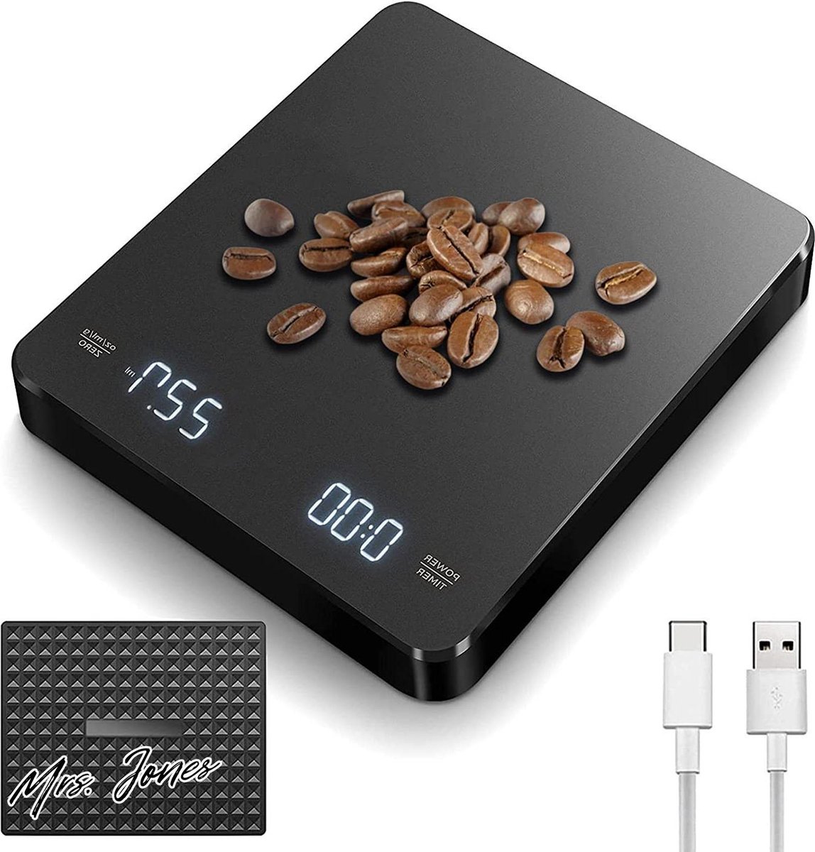 Mrs. Jones Digitale Koffieweegschaal met Timer 3 kg/01 g Hoge Precisie Oplaadbaar Elektronische Keukenweegschaal OZ/ML/G Weegschaal Siliconen Mat .