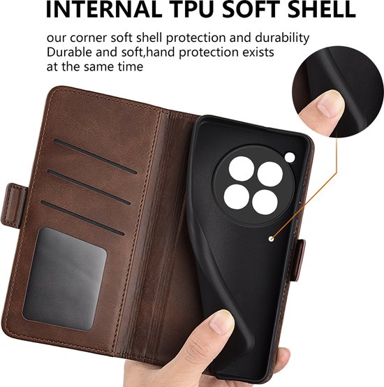 Bruin lederen telefoonhoes met interne TPU soft shell en vakjes.