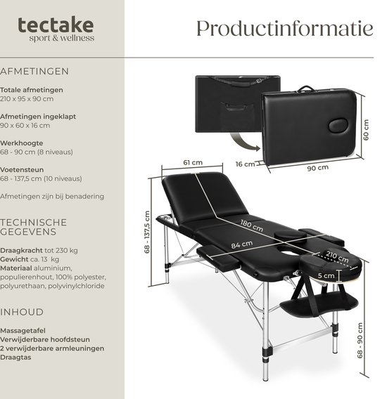 tectake® Mobiele aluminium massagetafel 3 zones - In hoogte verstelbare behandeltafel - Tatoeagetafel - Incl. opbergtas - Opvouwbaar - Zwart