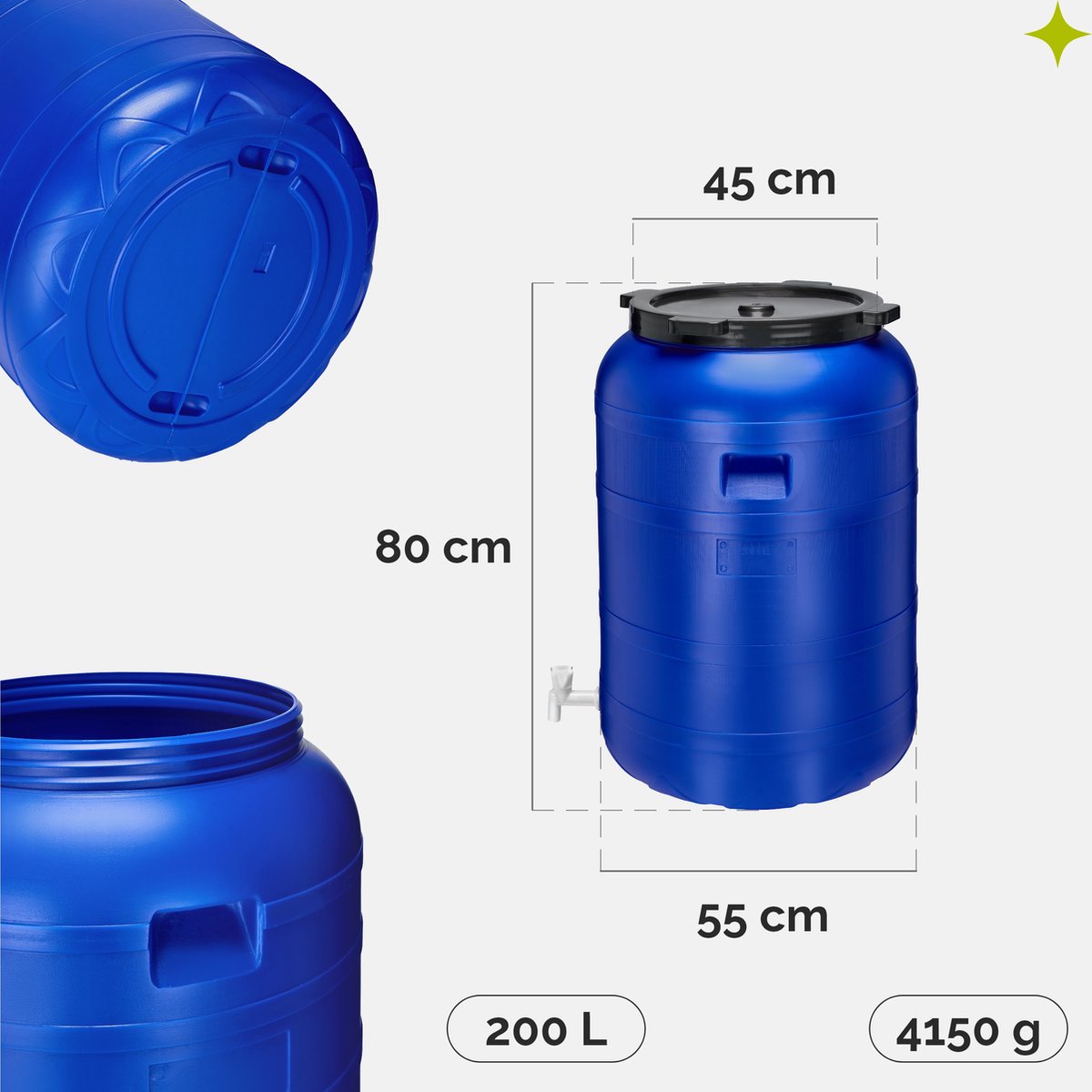 3x Regenton met deksel en kraan, 210 liter, groen