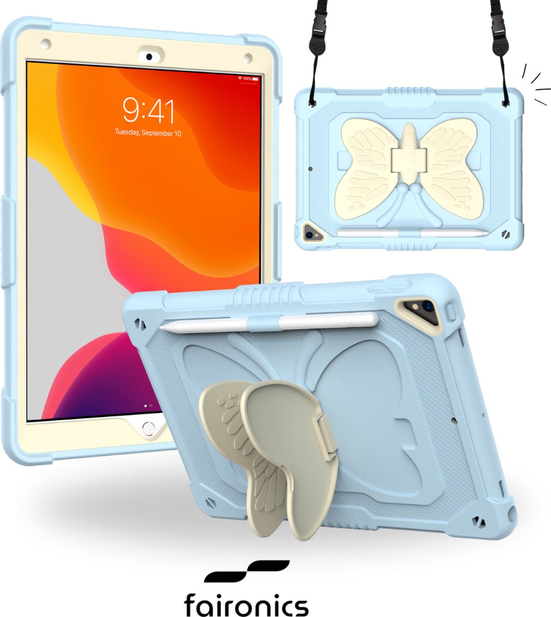 Faironics iPad Hoes Kinderen - Geschikt voor iPad 10.2 (2019, 2020, 2021) - 360° Bescherming - Vlinder Hoes met schouderband - Blauw