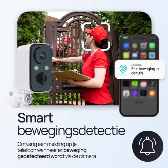 Slimme bewegingsdetectie: een beveiligingscamera filmt een bezorger bij een hek, telefoon geeft melding 'beweging in de tuin'.