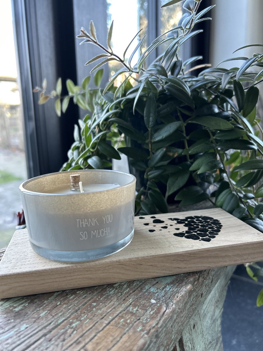 Creaties van hier Flessenpost Kaars My Flame met plankje (hartjes) - Met tekst Thank you so much Grijs