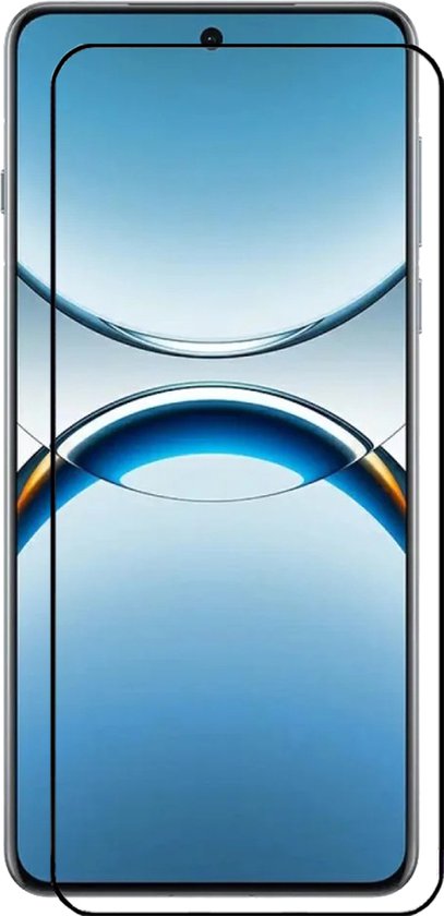 MobyDefend screenprotector van gehard glas met zwarte randen, geplaatst op een smartphone.