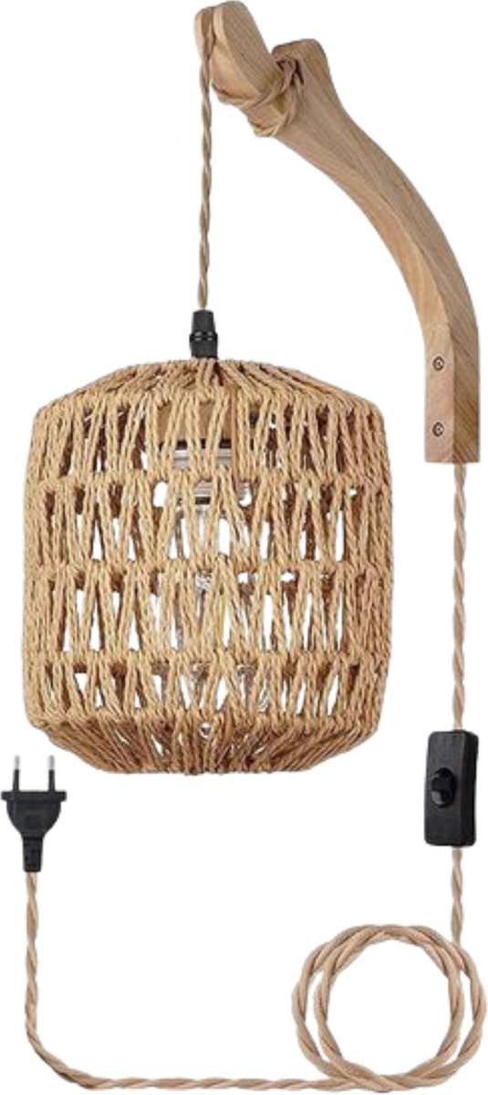Vintage Wandlamp Hout - Met Rotan Schaduw - Voor Woonkamer & Slaapkamer