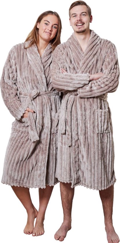 Badjas rib - badjas geribbelde teddy stof – Badjas Dames – Badjas Heren – Sjaalkraag – fleece - fluweelzacht – extreme luxe - Taupe - L/XL