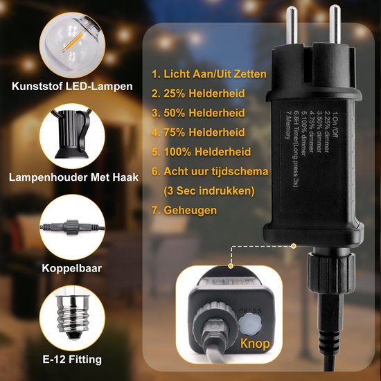 Kunststof G40 LED-lampen, lampenhouder met haak, koppelbaar, E-12 fitting, EU adapter, knop op adapter voor functies.