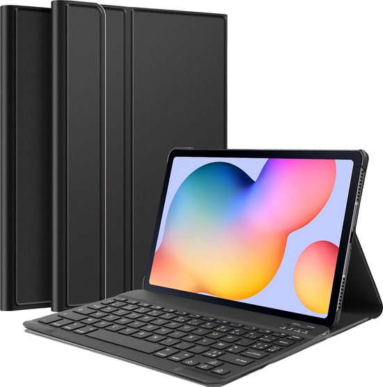 Zwarte Samsung Galaxy Tab S7 Plus toetsenbordhoes met een tablet met kleurrijk scherm.