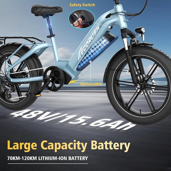 ECORUSH Elektrische Fiets ECO R6 - Trendy 20*4.0 Inch Fat Tire City Commuter EBike met Afneembare 48V 15.6Ah Lithium Batterij - Mountain E-Bike met 250W Motor - 7 Versnellingen - IP54 Waterdicht van ECORUSH — afbeelding 4