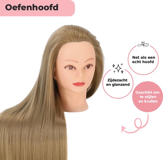 Een oefenhoofd met lang blond haar, zijdezacht en glanzend.