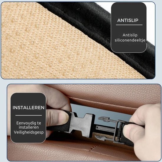 Onderkant stof met antislip siliconen noppen. Gesp voor bevestiging aan autostoel.