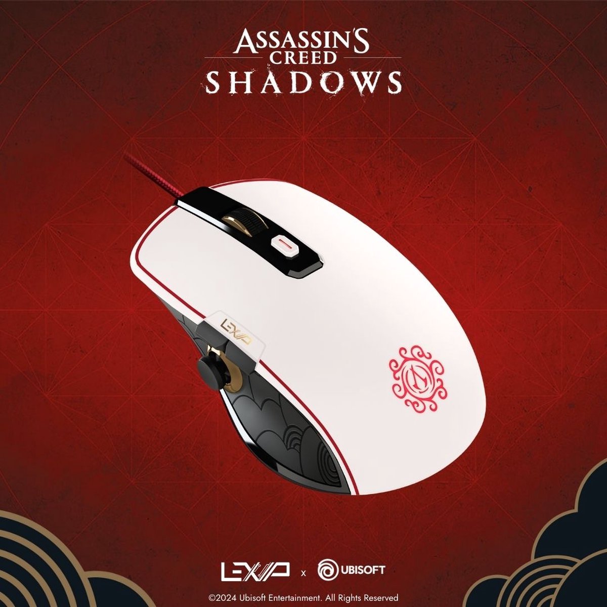 LEXIP X UBISOFT - Assassin's Creed Shadows - USB Gaming Muis - Exclusief design - USB Kabel - Geschikt voor PC - Optische PAW3327 Sensor 12000 DPI - Gepatenteerde keramische muisvoeten en duimjoystick - zwart, wit, rood