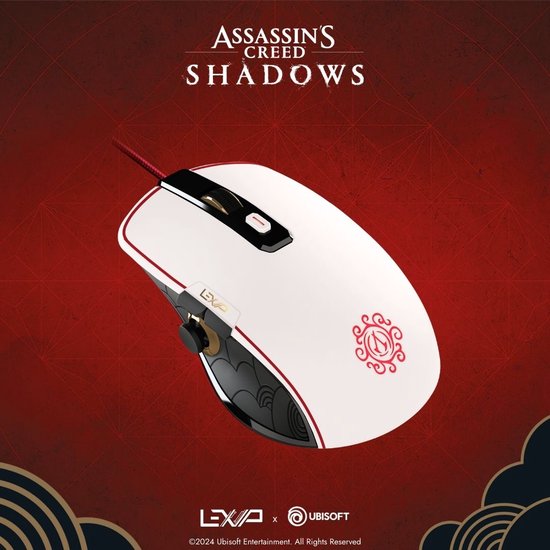 LEXIP X UBISOFT - Assassin's Creed Shadows - USB Gaming Muis - Exclusief design - USB Kabel - Geschikt voor PC - Optische PAW3327 Sensor 12000 DPI - Gepatenteerde keramische muisvoeten en duimjoystick - zwart, wit, rood