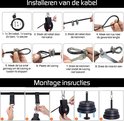 Montage-instructies voor het fitness kabelsysteem, met 8 stappen en 6 voorbeelden van oefeningen.