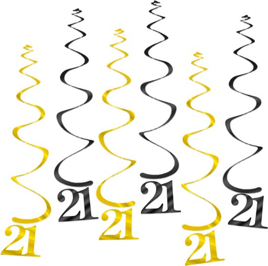 Q2Party - 21 Jaar Swirl - Slinger - Leeftijd - Versiering - Verjaardag - decoratie - Feest - Hangdecoratie - Goud/Zwart – 6 stuks