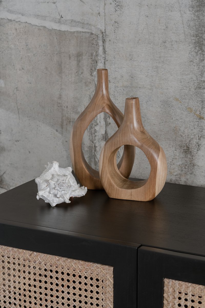 Houten design vaas - naturel teakhout - decoratieve vazen - premium kwaliteit - traditioneel handgemaakt - set van 2 -