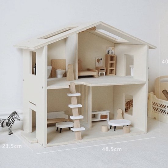 Houten poppenhuis met roze dak en accessoires Houten poppenhuis met roze dak en accessoires