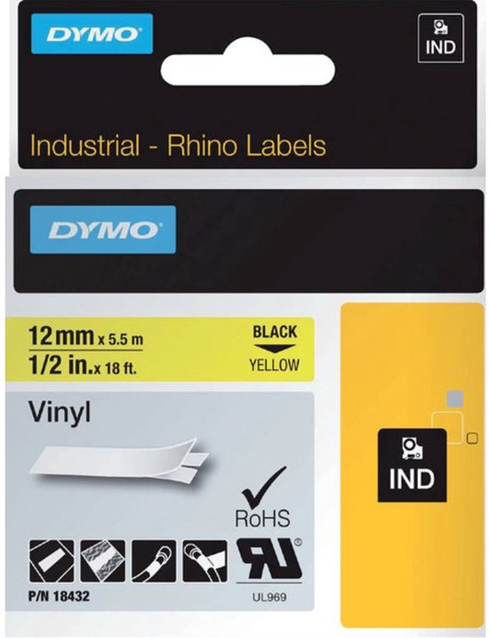 DYMO verpakking met Rhino labels, 12mm x 5.5m, zwarte opdruk op geel.