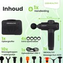 Inhoud van de 2BEHEALTHY massagegun XG10 verpakking: massagegun, 10 opzetstukken, opbergkoffer, handleiding en USB-C kabel.