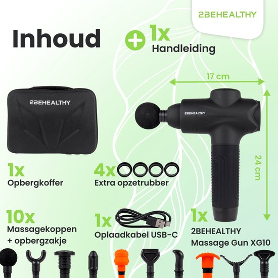 Inhoud van de 2BEHEALTHY massagegun XG10 verpakking: massagegun, 10 opzetstukken, opbergkoffer, handleiding en USB-C kabel.