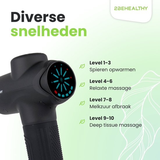 Close-up van de 2BEHEALTHY massagegun XG10 met een LED-display dat verschillende snelheden aangeeft, van Level 1-3 tot Level 9-10.
