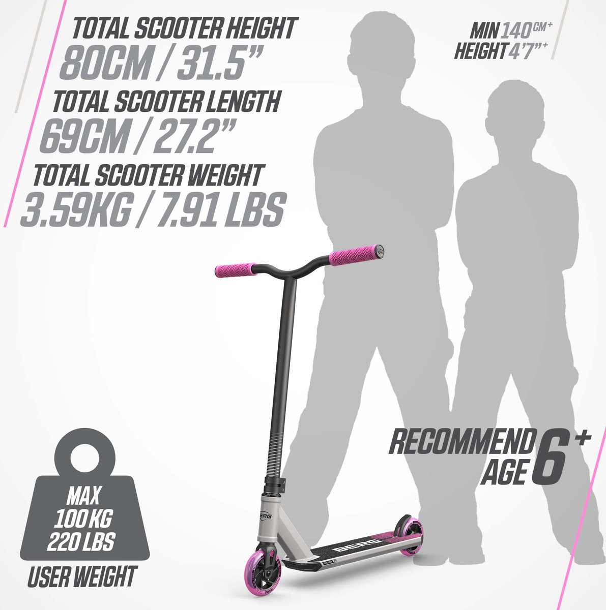 BERG Proxus X1 Stuntstep - Vanaf 6 jaar - 110 mm wielen - ABEC-9 lagers – Grijs/Roze — afbeelding 7