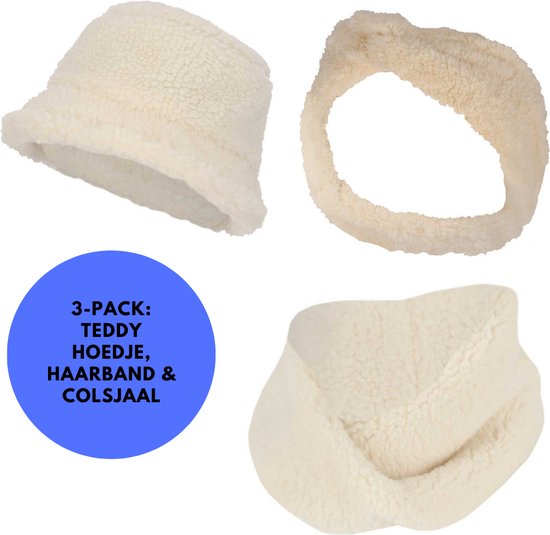 Sarlini - Winterset Meisjes - Teddy Wol Fan - Zand - 2 t/m 4 jaar - Haarband + Hoedje + Colsjaal + Oorwarmers