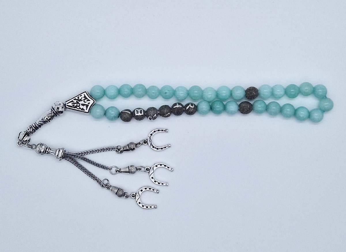 Handgemaakte naam tasbih 33 Kralen Natuursteen “AAA Amazonium” - met metaal tassel “Hoefijzer"- Met je naam of de naam van uw geliefde- 8 mm diameter van de korrel