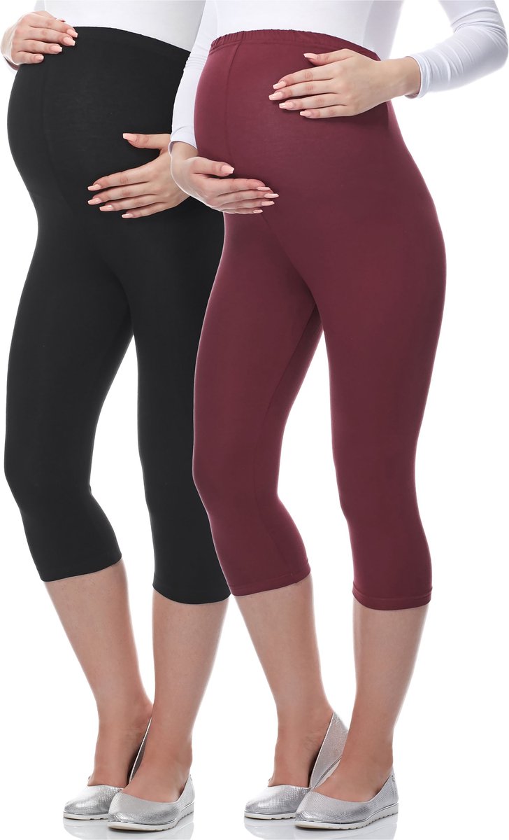 Be Mammy Dames Leggings - Zwangerschapskleding - Capri - Viscose - 2Pack - BE-Leggings-03-2P - Zwart/Donkerrood - XL